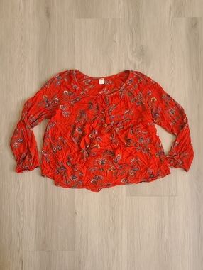 Old Navy Red Floral Tie-Front Peasant Blouse Long Sleeve Keyhole Bloomcore Relax